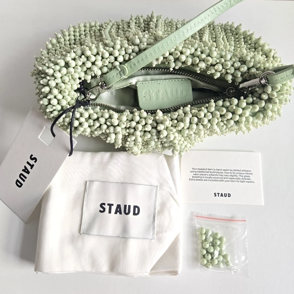 New Staud Beaded Bean Convertible Matcha Shoulder Handbag NWT - Picture 14 of 14